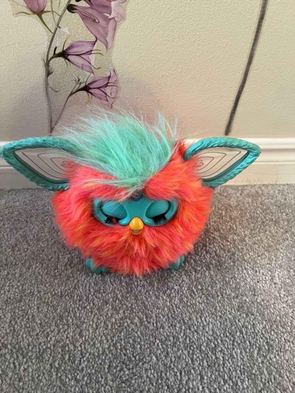 Plush Interactive Fur Toy in Turquoise and Coral